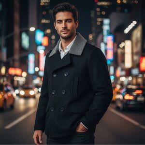 Kenneth Cole New York Men’s Wool Blend Peacoat w/ Removable Sherpa Collar–Size M